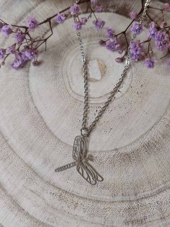 Collier en acier inoxydable argenté et sa libellule réf.C69