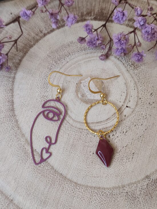 Boucles d'oreilles dépareillées en acier inox et laiton réf.B1076