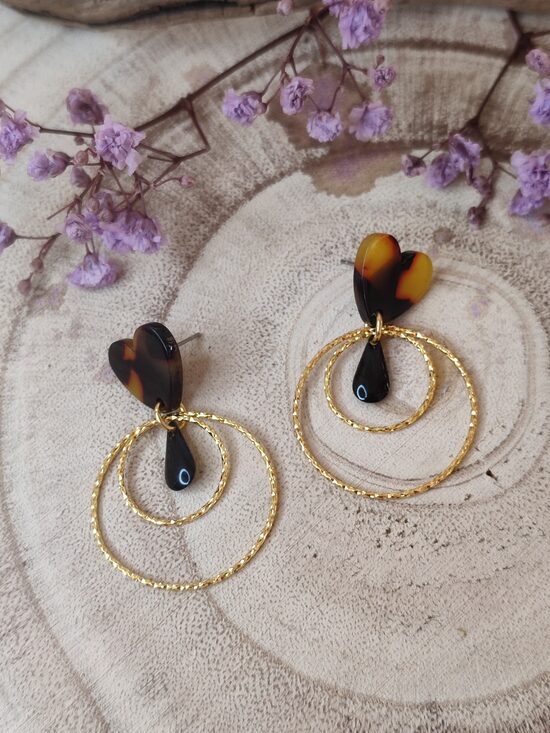 Boucles d'oreilles clous acier, laiton et résine d'acétate 🖤🤎