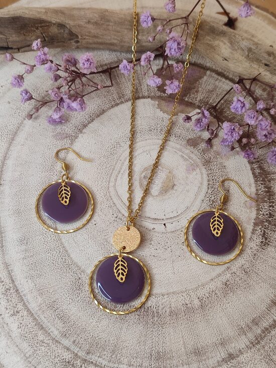 Parure en acier inoxydable doré et laiton prune 💜 réf.P835