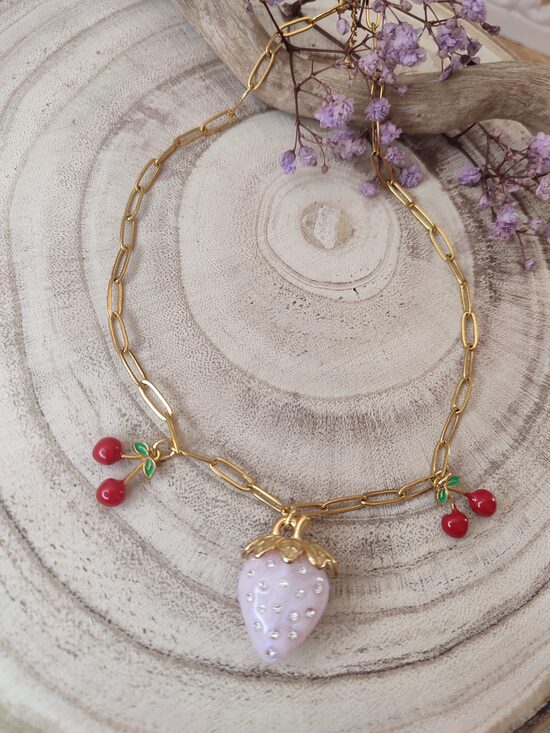 Collier breloques 🍓🍒acier inoxydable doré réf.C387