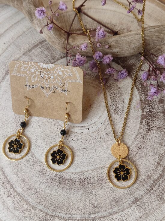 Parure acier inoxydable noir et doré Sakura 🖤