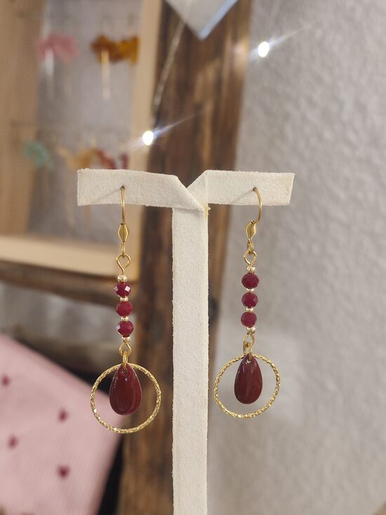 Boucles d'oreilles acier inox et laiton bordeaux réf.C2HH
