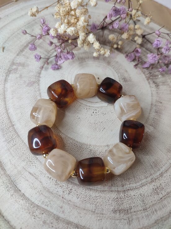 Bracelet élastique en perles acryliques ambre/marron clair marbré 🤎🤍 réf.C1D