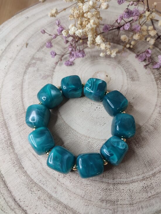 Bracelet élastique en perles acryliques bleu canard marbré 💙 réf.C1E