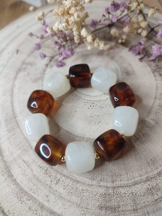 Bracelet élastique en perles acryliques ambre/blanc marbré 🤎🤍 réf.C1F