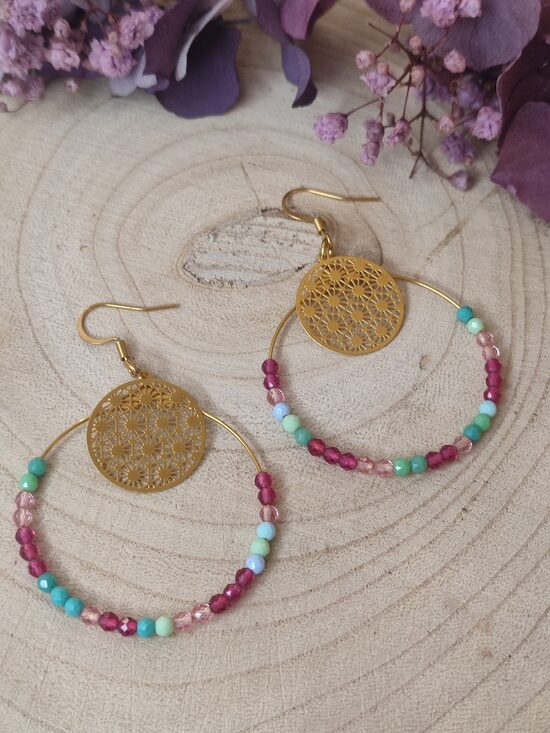 Boucles d'oreilles créoles acier inoxydable et ses perles 🩵🩷 