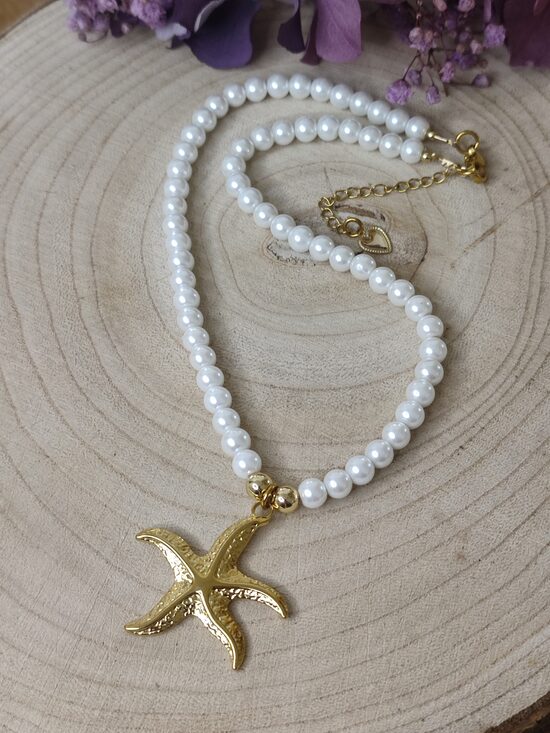 Collier acier et ses perles de verre nacré 🤍