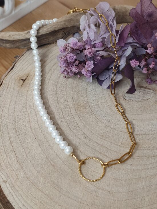 Collier asymétrique en acier inoxydable et perles de verre nacré 🤍 réf.C1215
