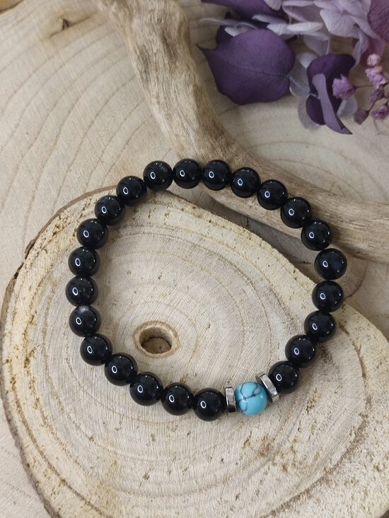 Bracelet perles noires et calcite turquoise 🩵🖤 réf.B111