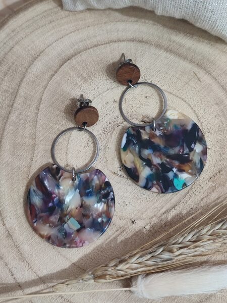 Boucles d'oreilles en acier inox et résine d'acétate acrylique réf.B743