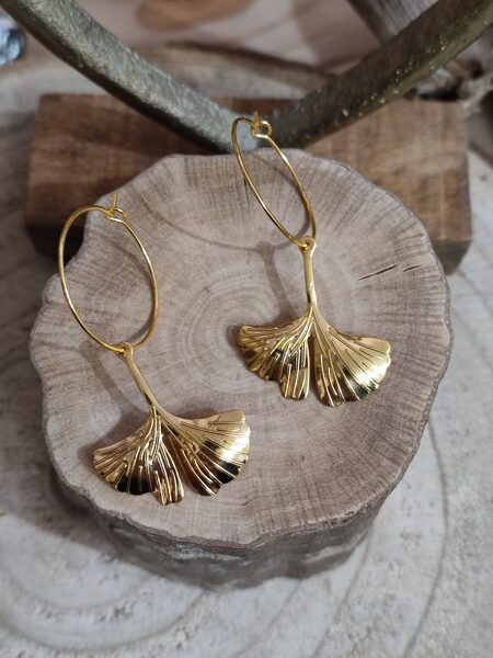 Boucles d'oreilles feuilles de ginkgo en laiton doré réf.B887
