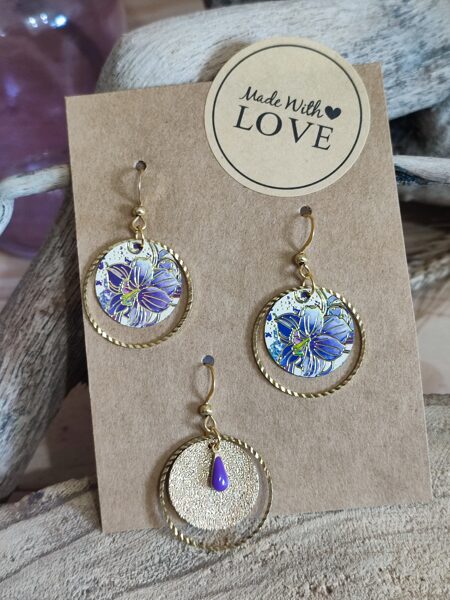 Trio boucles d'oreilles en acier inox/laiton et sequins fleuris 💜 réf.T1043