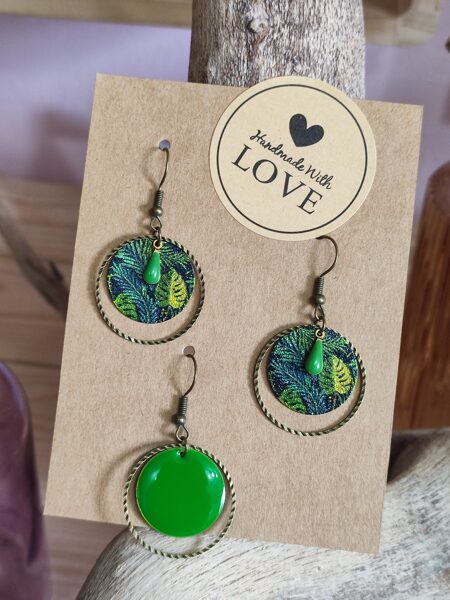 Trio boucles d'oreilles en laiton et sequins feuilles 💚 réf.T1064