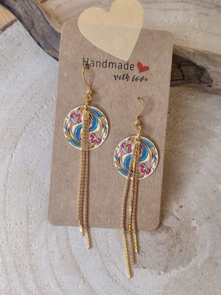 Boucles d'oreilles acier/laiton et sequins fleuris 🩵🩷 réf.B1385