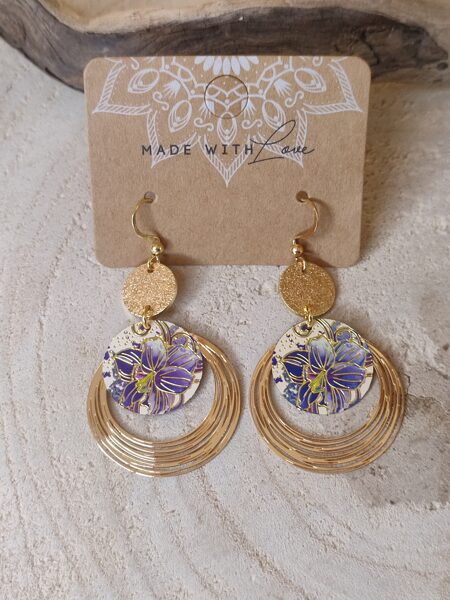 Boucles d'oreilles acier/laiton et sequins fleuris 💜 réf.B1387